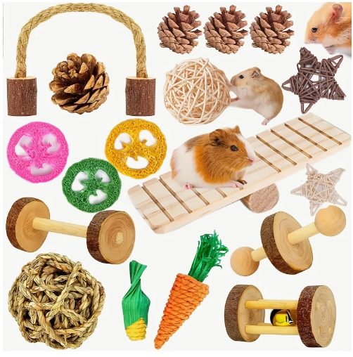 18-delige Hamster Natuurlijk Houten Speelgoed en Kauwartikelen voor Kleine Knaagdieren