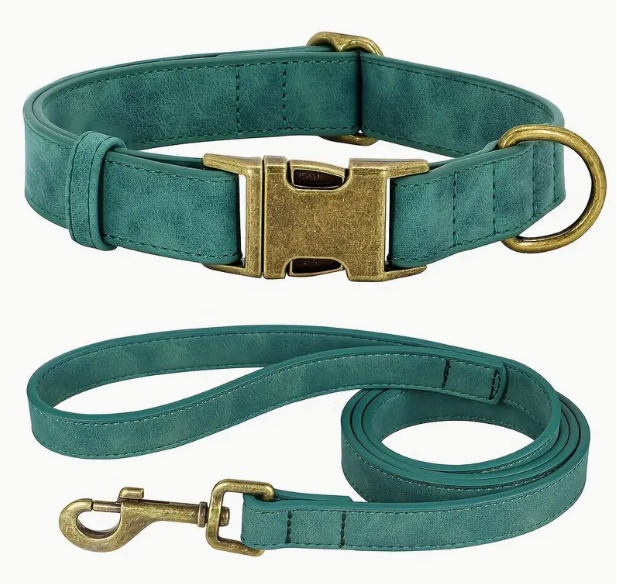 Groene halsband met matching riem van 120 cm in duurzaam vegan leer en elegante afwerking.