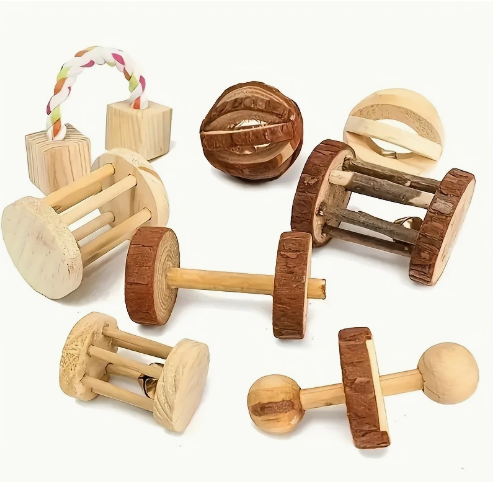 5-delige Set Houten Speelgoed voor Konijnen & Knaagdieren – Natuurlijk Kauw- en Speelplezier