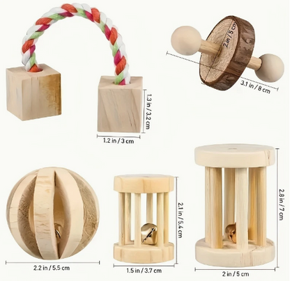 5-delige Set Houten Speelgoed voor Konijnen & Knaagdieren – Natuurlijk Kauw- en Speelplezier