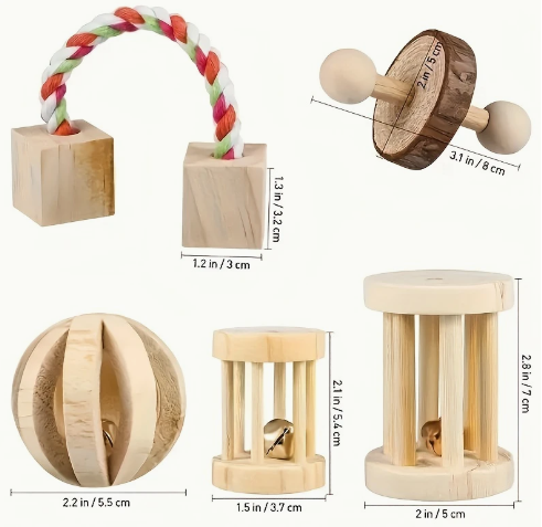 5-delige Set Houten Speelgoed voor Konijnen & Knaagdieren – Natuurlijk Kauw- en Speelplezier