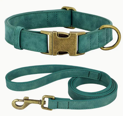 Groene halsband met matching riem van 120 cm in duurzaam vegan leer en elegante afwerking.