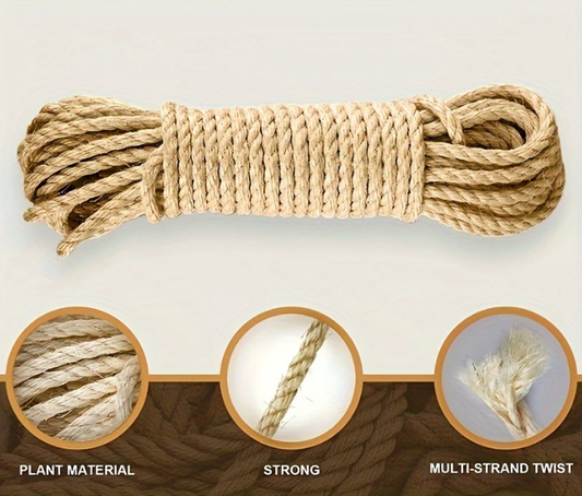 Close-up van het sisal krabtouw van 4 mm dik, met natuurlijke vezels die de grip en duurzaamheid voor kattenkrabben versterken.