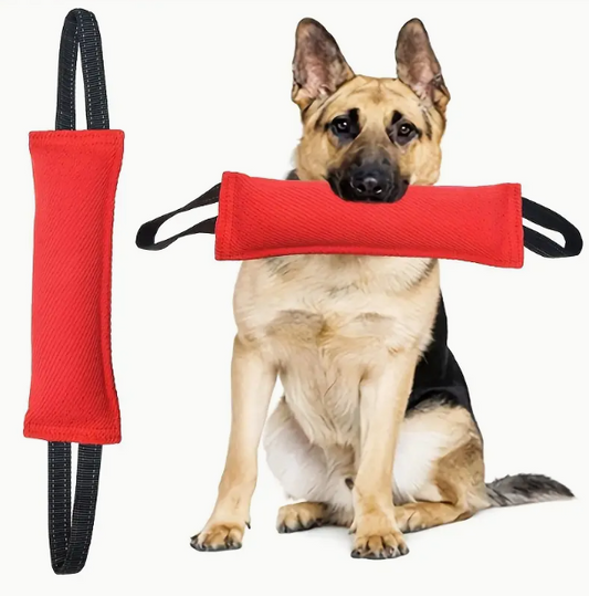 Duurzaam nylon bijtkussen voor honden met twee comfortabele handvatten voor gemakkelijk trekken en spelen.
