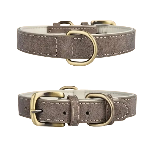 Grijze vintage hondenhalsband van faux leather met zachte voering en klassieke metalen gesp.