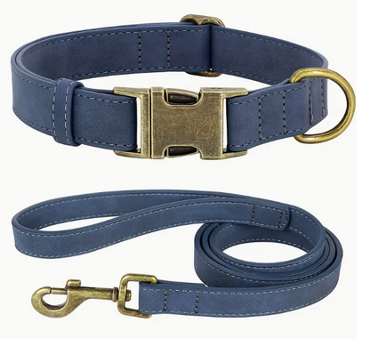 Blauwe kunstleren hondenhalsband met bijpassende riem van 120 cm – stijlvol, stevig en vegan.