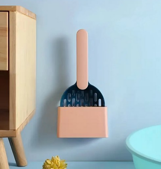 Moderne kattenbakschep met houder in minimalistisch design – ideaal voor dagelijks schoonmaken.
