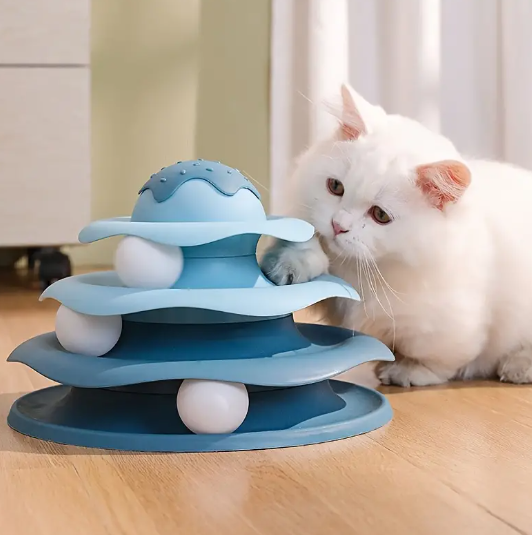 Interactieve 3-Lagen Katten Draaitoren – Speelgoed in Pannenkoek Design met Bewegende Ballen