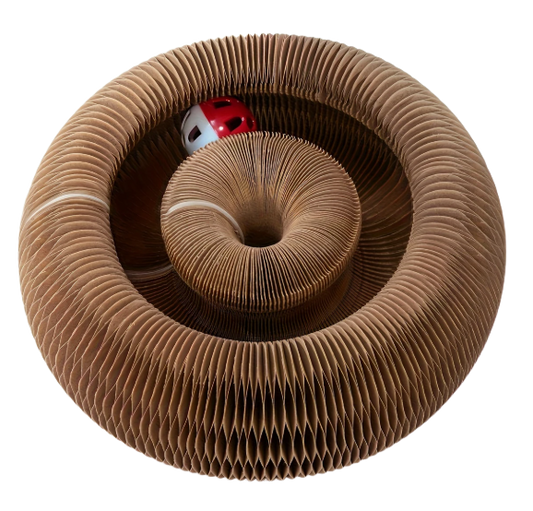 Interactief kattenspeeltje met rollend balletje in een stevig, rond frame.