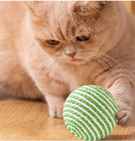 Duurzame speelbal van natuurlijk sisaltouw voor katten, ideaal om aan te krabben en verveling binnenshuis te voorkomen.