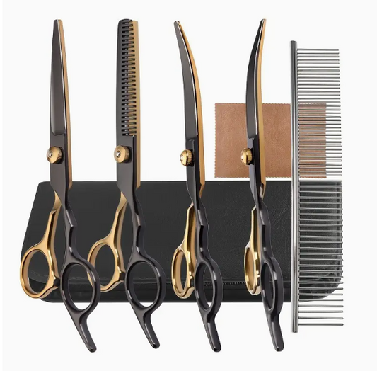 Professionele Zwart en Gouden RVS Trimmingscharen voor Huisdieren - Gebogen Knip- en Knipscharen