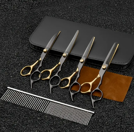 Professionele Zwart en Gouden RVS Trimmingscharen voor Huisdieren - Gebogen Knip- en Knipscharen